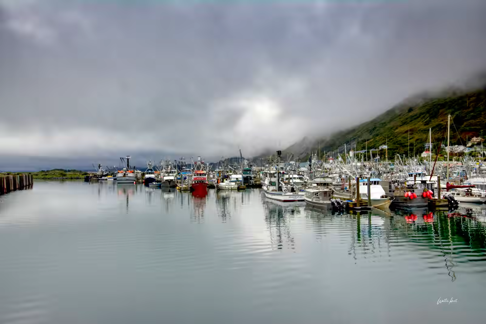 Harbor beneath fog